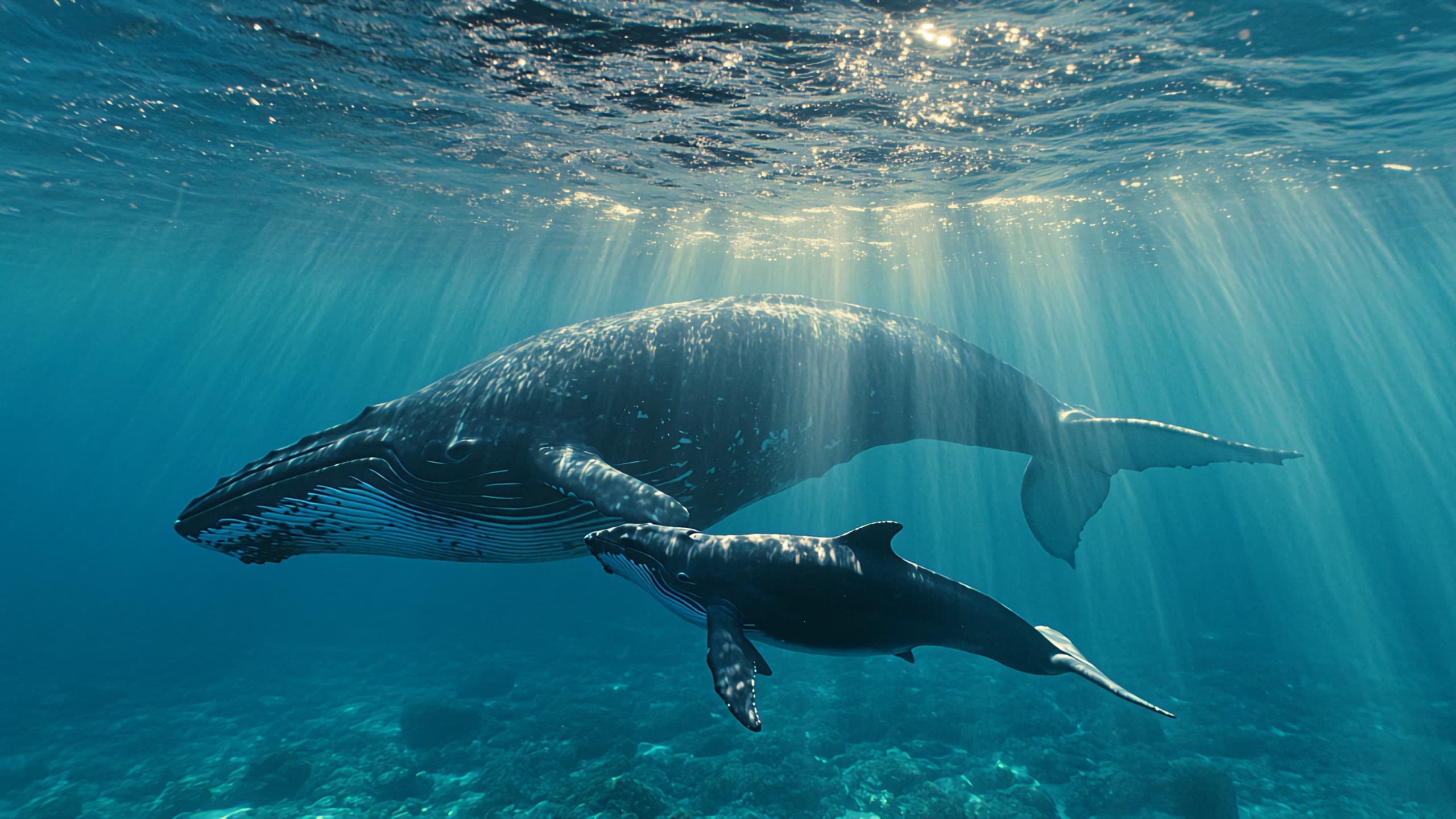 Humpback whale descending into the deep ocean